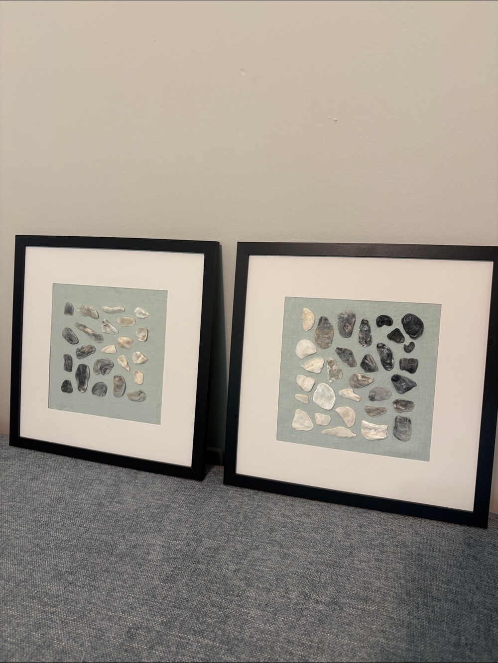 Set of Two Handmade Framed Coastal Shell Art Print in Aqua Green - Home Art